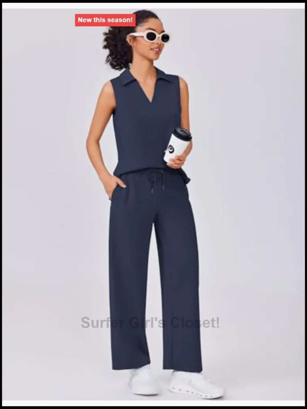 2 Piece Lounge Set Sleeveless V Neck Top Wide Leg Crop Pants Matching Sets